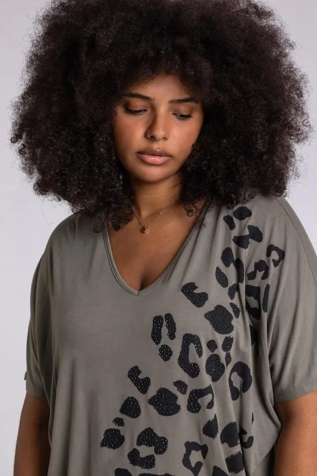 Women Khaki Curve Embellished Animal Print TShirt Roman Tops