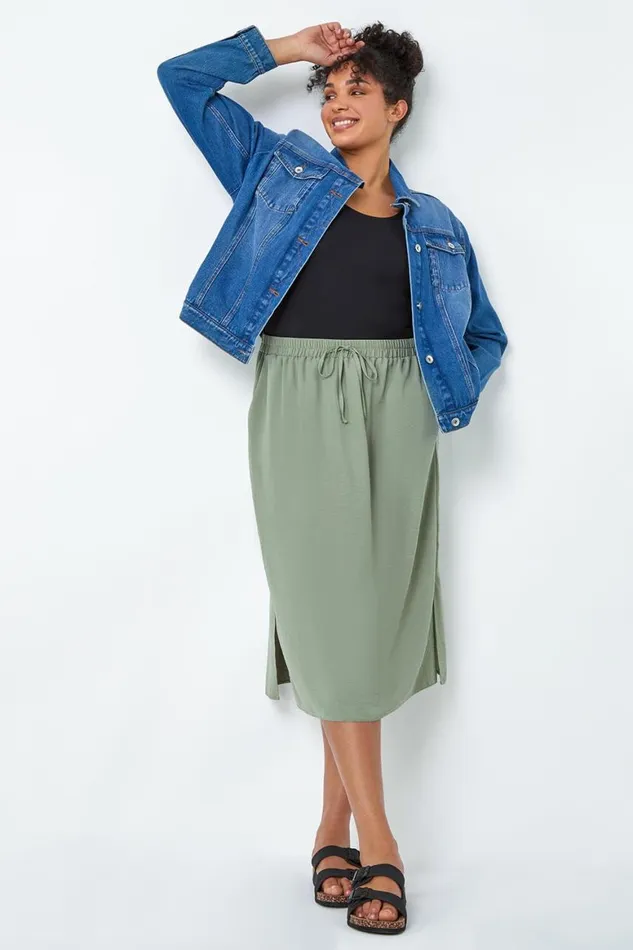 Women Khaki Curve Linen Look A Line Midi Skirt Roman Skirts