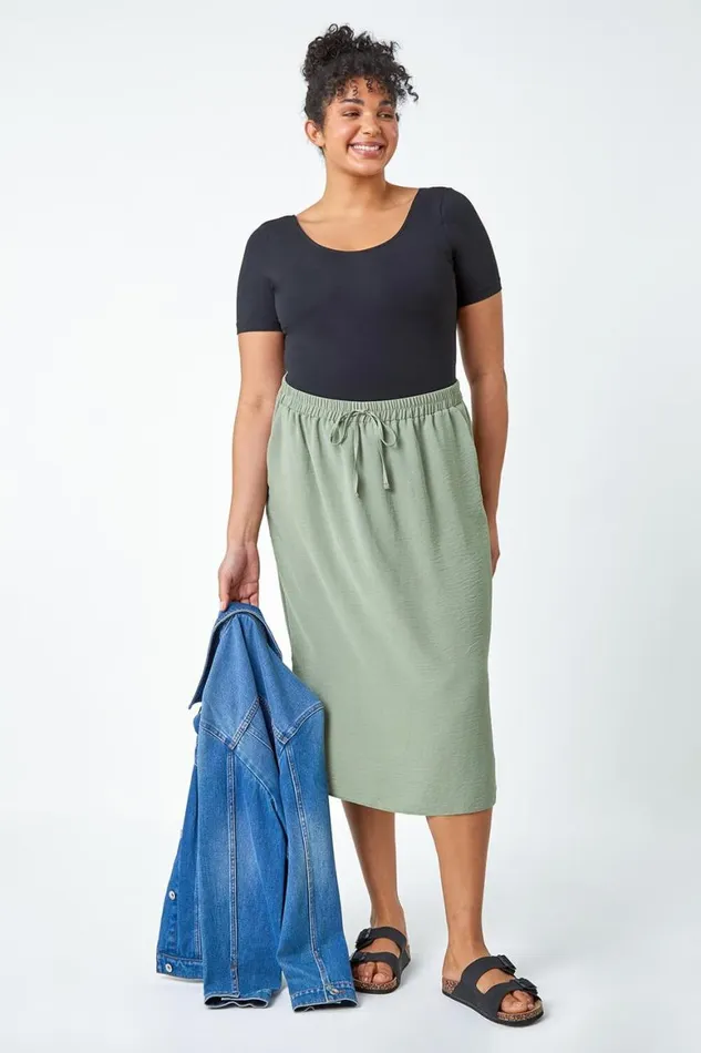 Women Khaki Curve Linen Look A Line Midi Skirt Roman Skirts