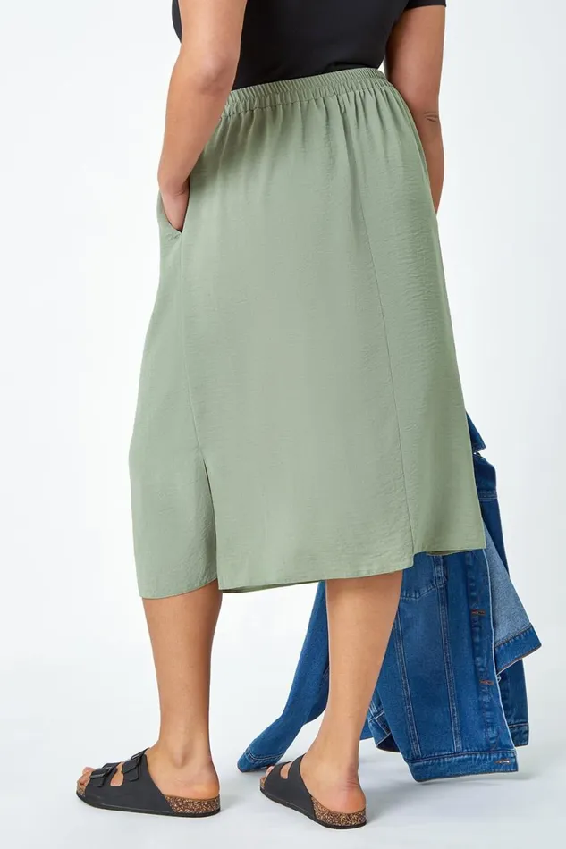 Women Khaki Curve Linen Look A Line Midi Skirt Roman Skirts