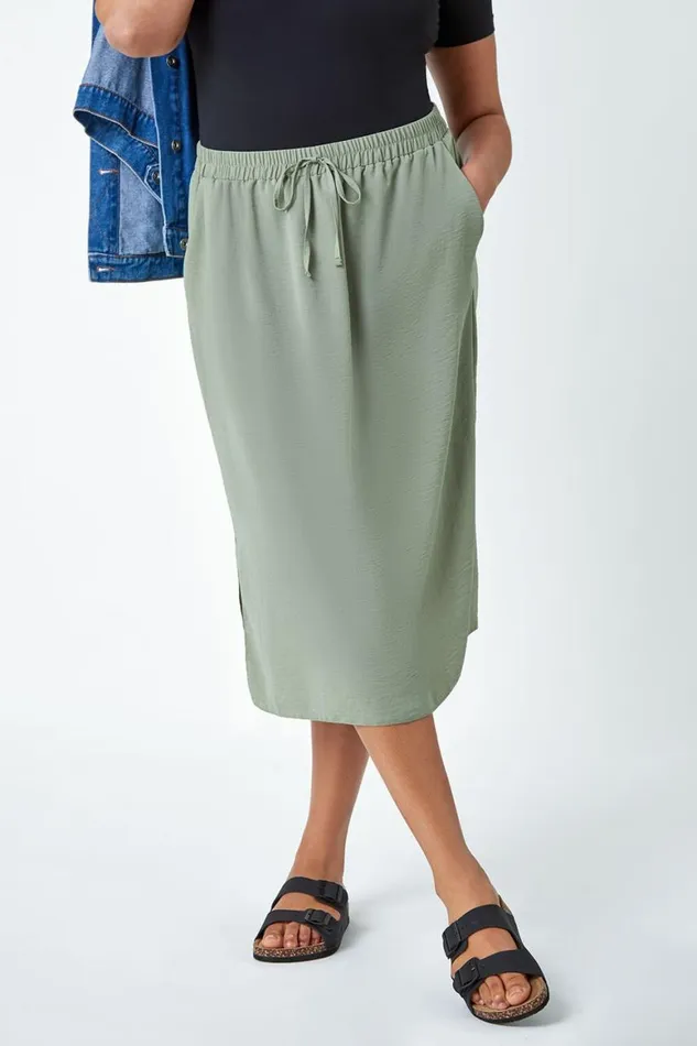Women Khaki Curve Linen Look A Line Midi Skirt Roman Skirts