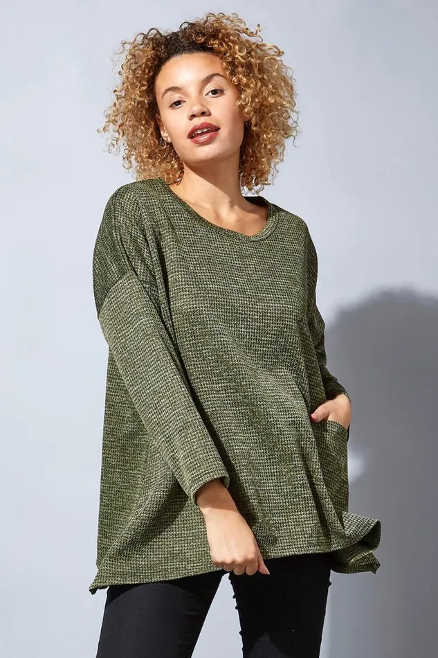 Women Khaki Long Sleeve Textured Jersey Top Roman Tops