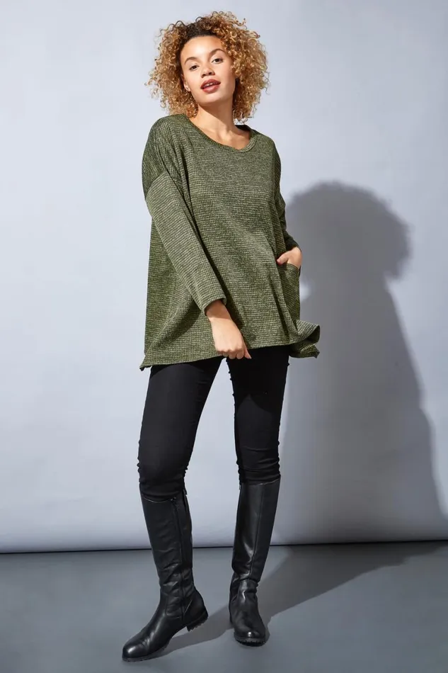 Women Khaki Long Sleeve Textured Jersey Top Roman Tops