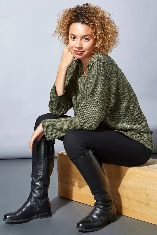 Women Khaki Long Sleeve Textured Jersey Top Roman Tops