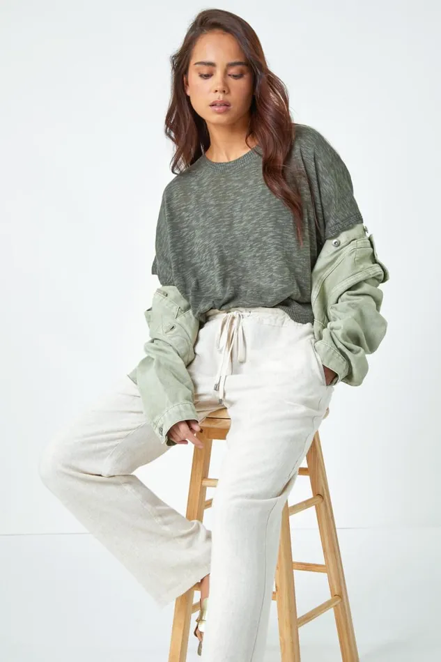 Women Khaki Petite Cotton Blend Textured Knit Top Roman Tops