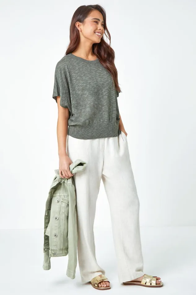 Women Khaki Petite Cotton Blend Textured Knit Top Roman Tops