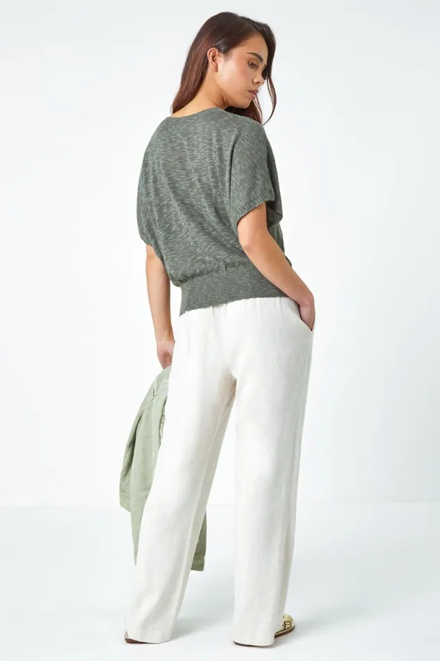 Women Khaki Petite Cotton Blend Textured Knit Top Roman Tops