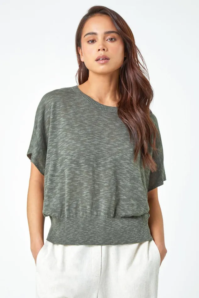 Women Khaki Petite Cotton Blend Textured Knit Top Roman Tops