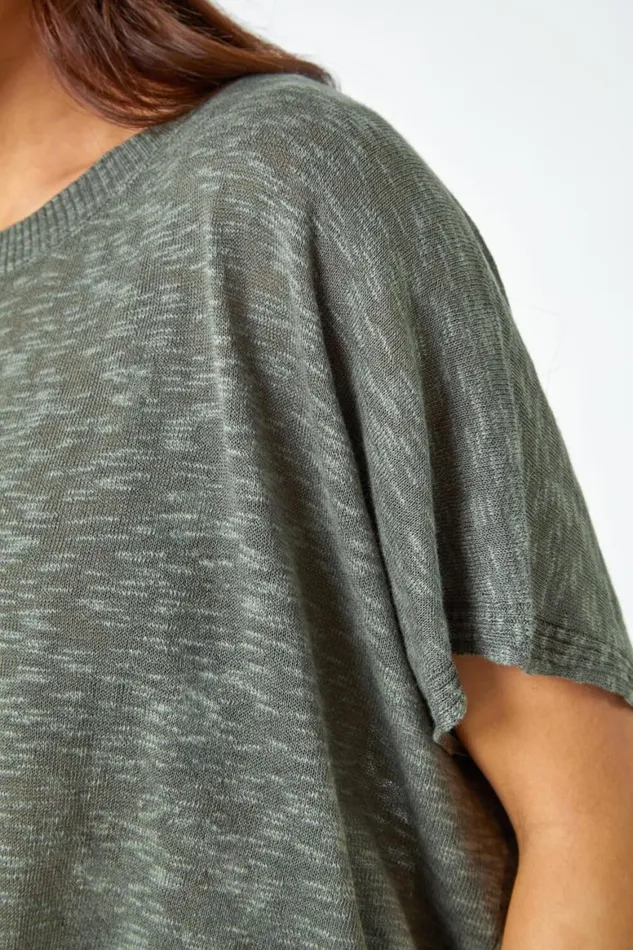Women Khaki Petite Cotton Blend Textured Knit Top Roman Tops