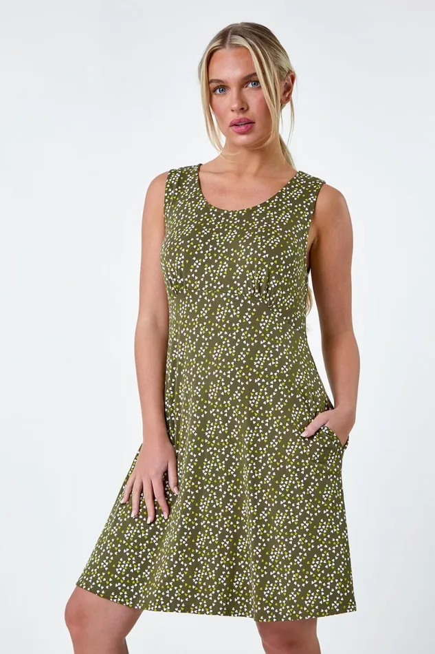 Women Khaki Petite Heart Print Stretch Dress Roman Dresses