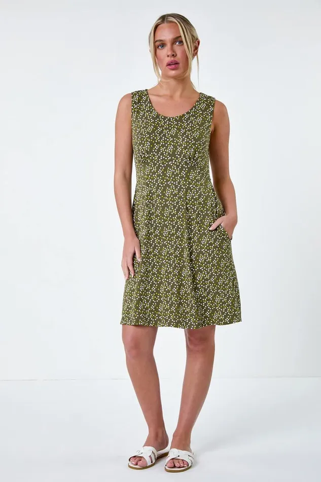 Women Khaki Petite Heart Print Stretch Dress Roman Dresses