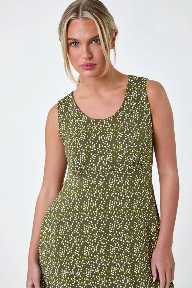 Women Khaki Petite Heart Print Stretch Dress Roman Dresses