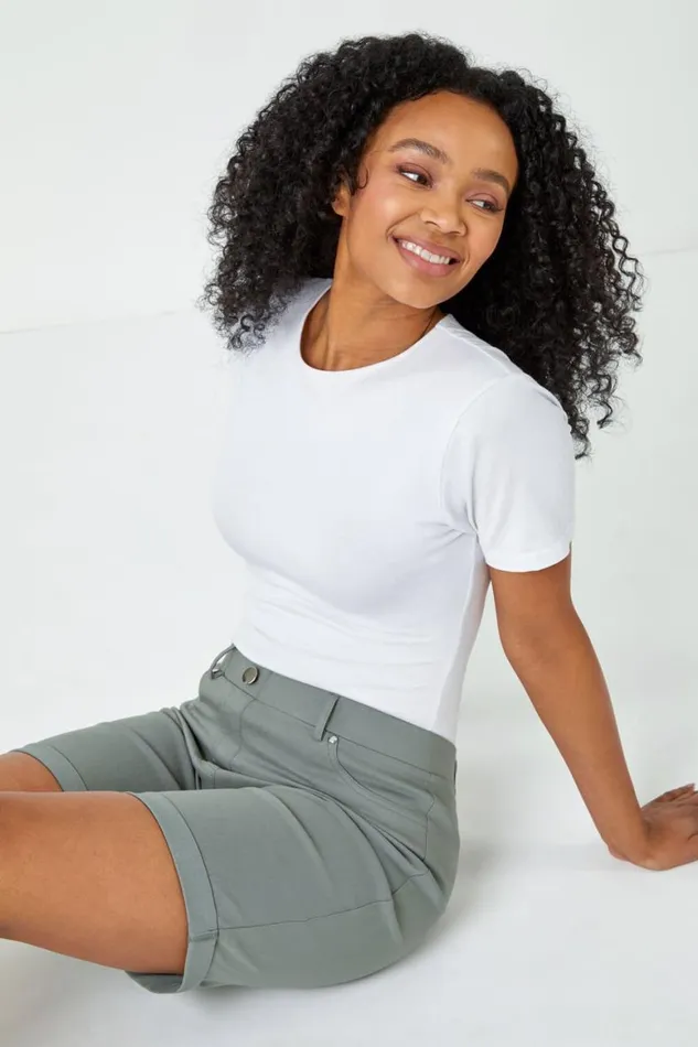 Women Khaki Petite Turned Hem Elastic Waist Shorts Roman Shorts