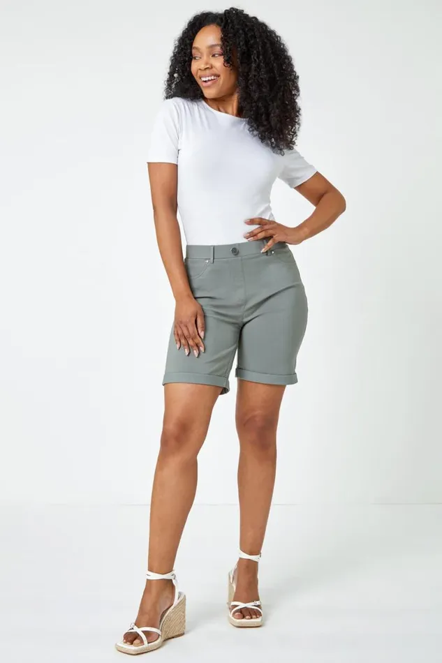 Women Khaki Petite Turned Hem Elastic Waist Shorts Roman Shorts