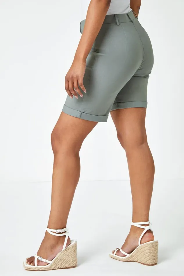 Women Khaki Petite Turned Hem Elastic Waist Shorts Roman Shorts