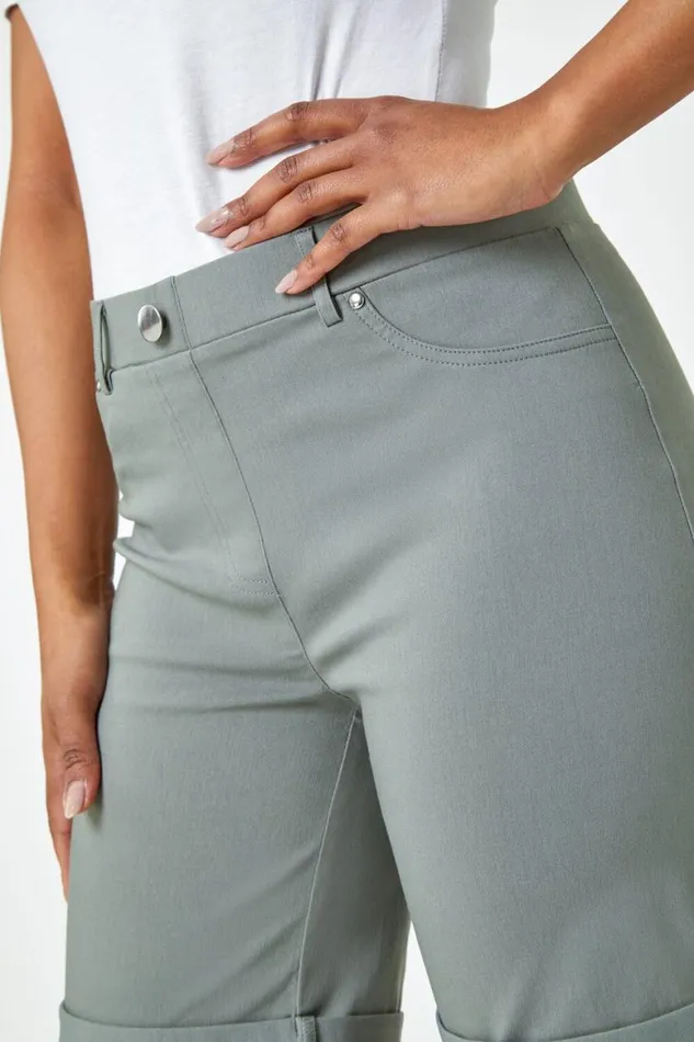Women Khaki Petite Turned Hem Elastic Waist Shorts Roman Shorts