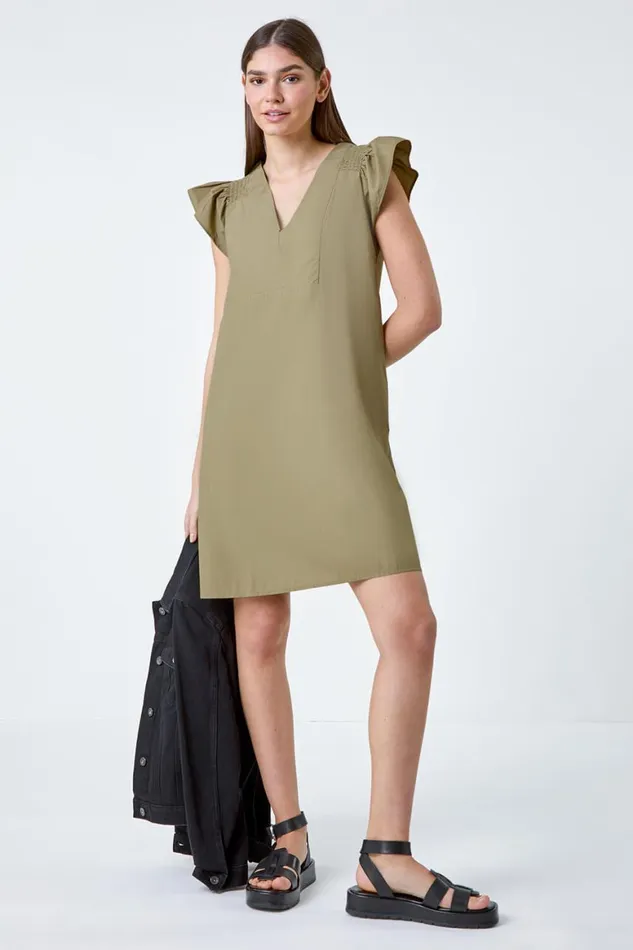 Women Khaki Plain Cotton Frill Sleeve Pocket Dress Roman Dresses