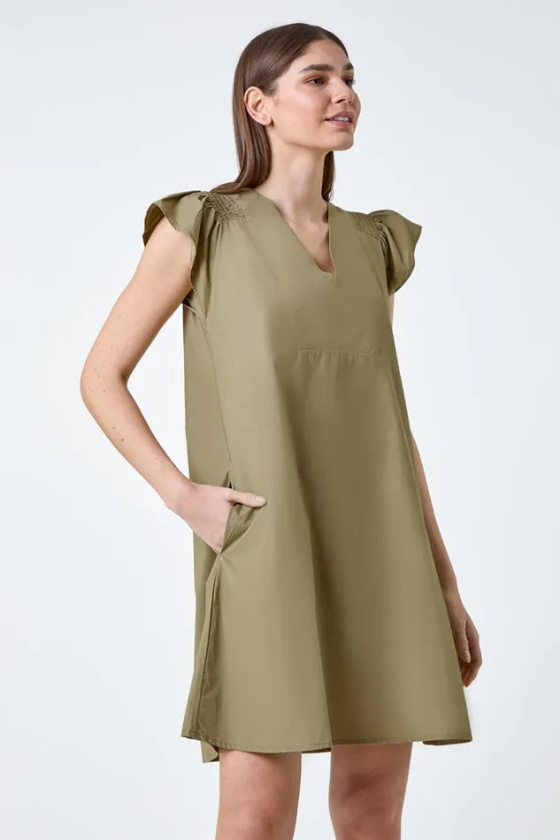 Women Khaki Plain Cotton Frill Sleeve Pocket Dress Roman Dresses