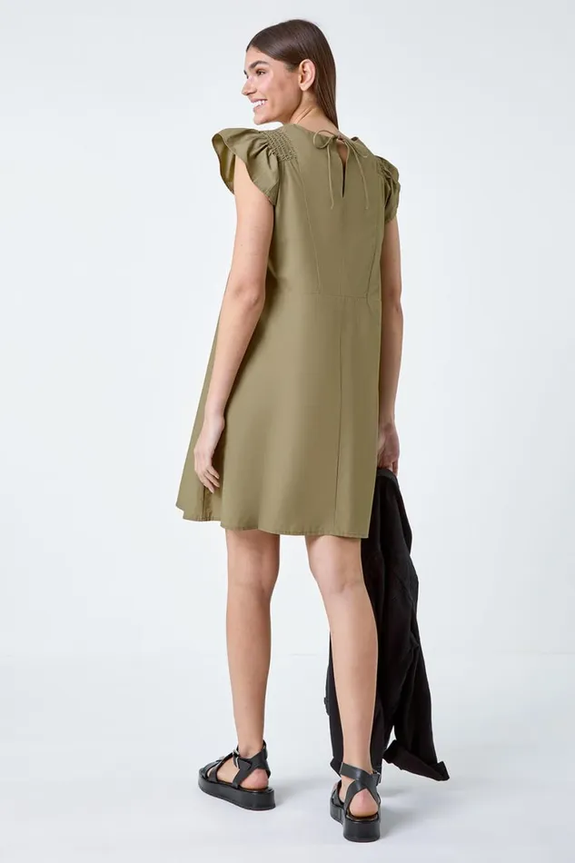 Women Khaki Plain Cotton Frill Sleeve Pocket Dress Roman Dresses