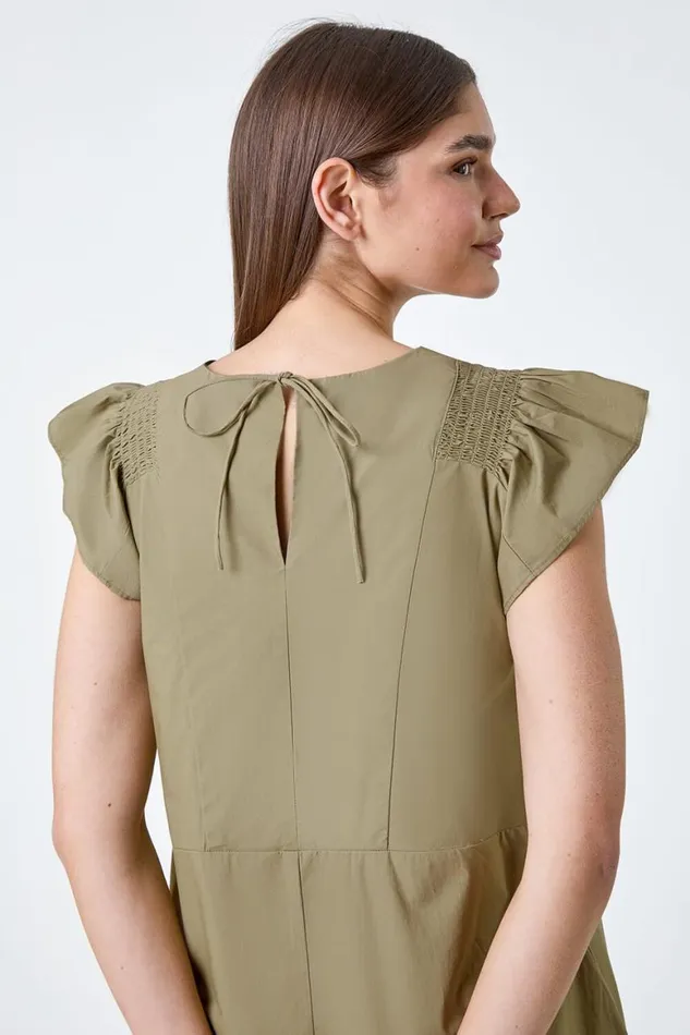 Women Khaki Plain Cotton Frill Sleeve Pocket Dress Roman Dresses
