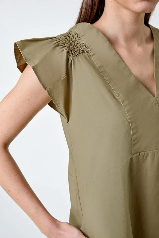 Women Khaki Plain Cotton Frill Sleeve Pocket Dress Roman Dresses