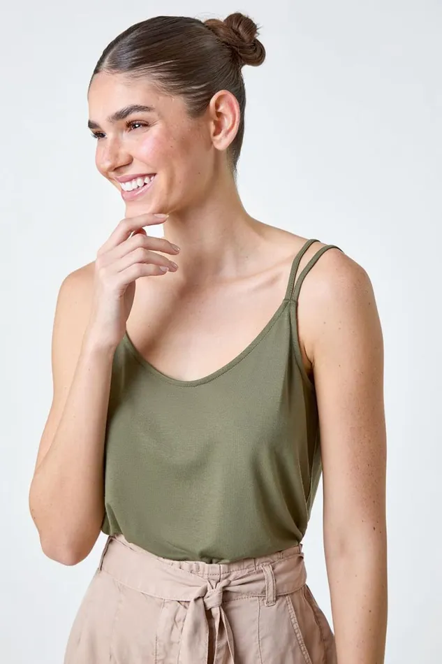 Women Khaki Plain Double Strap VNeck Stretch Vest Top Roman Tops