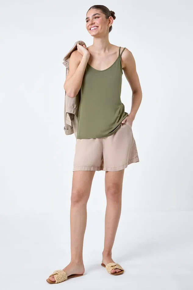 Women Khaki Plain Double Strap VNeck Stretch Vest Top Roman Tops