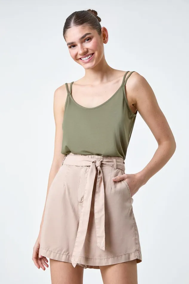 Women Khaki Plain Double Strap VNeck Stretch Vest Top Roman Tops