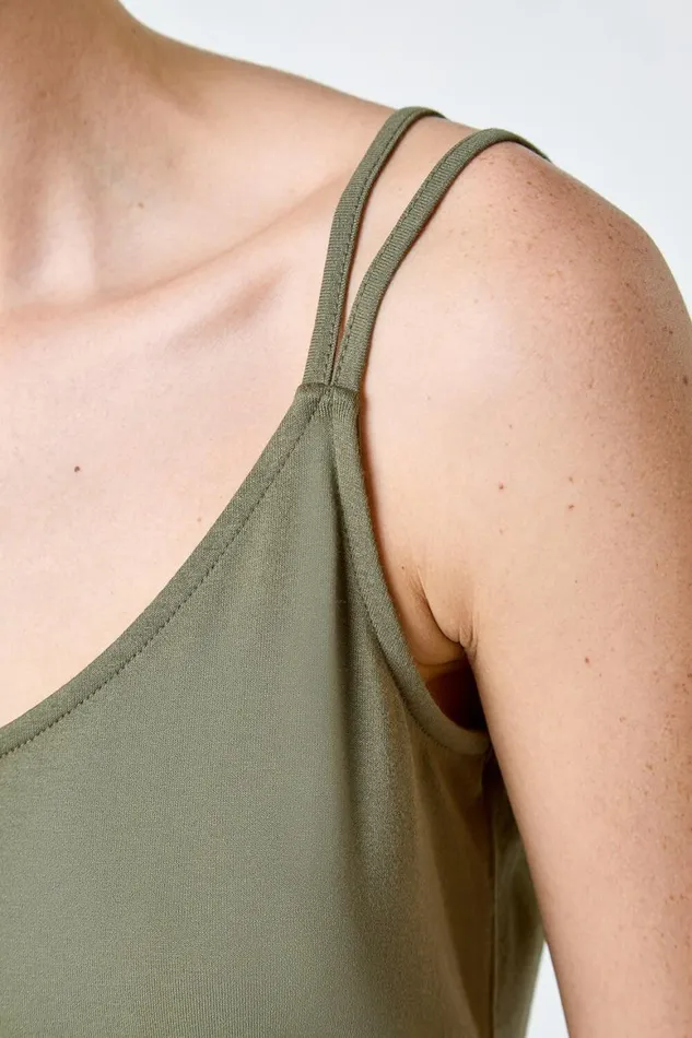 Women Khaki Plain Double Strap VNeck Stretch Vest Top Roman Tops