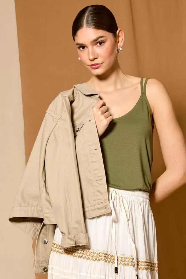 Women Khaki Plain Double Strap VNeck Stretch Vest Top Roman Tops