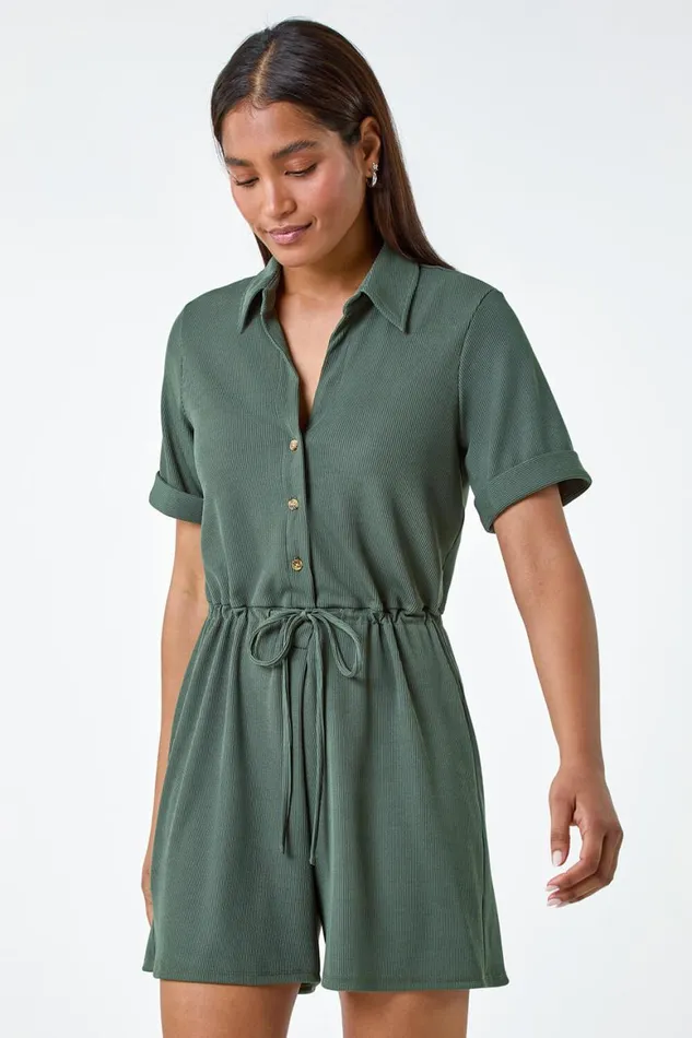Women Khaki Plain Ribbed Stretch Playsuit Roman Dresses
