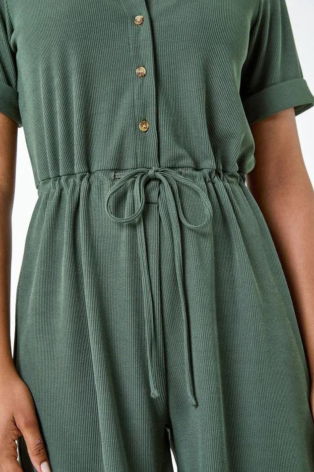 Women Khaki Plain Ribbed Stretch Playsuit Roman Dresses