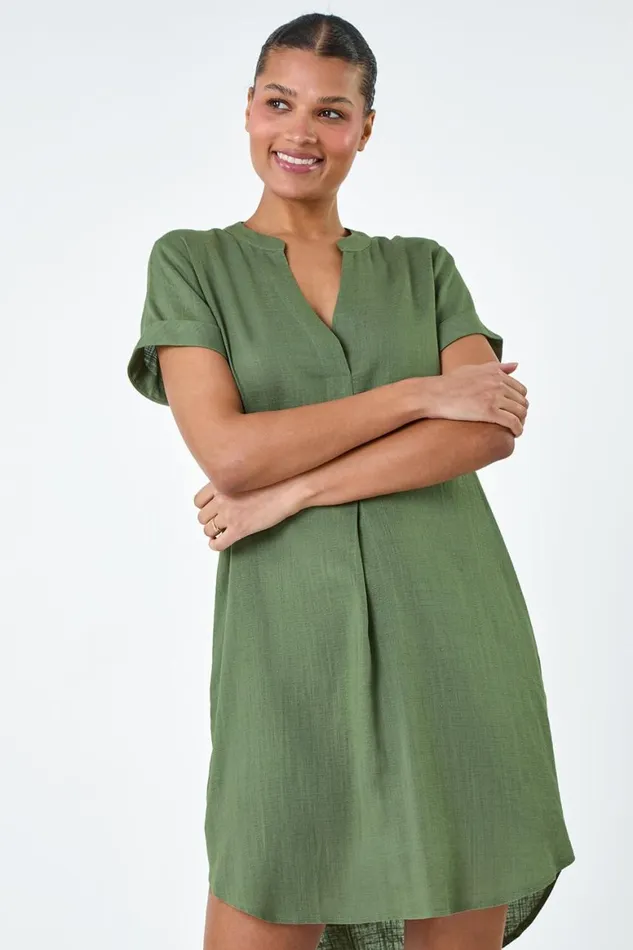 Women Khaki Pleat Front Curved Hem Shift Dress Roman Dresses