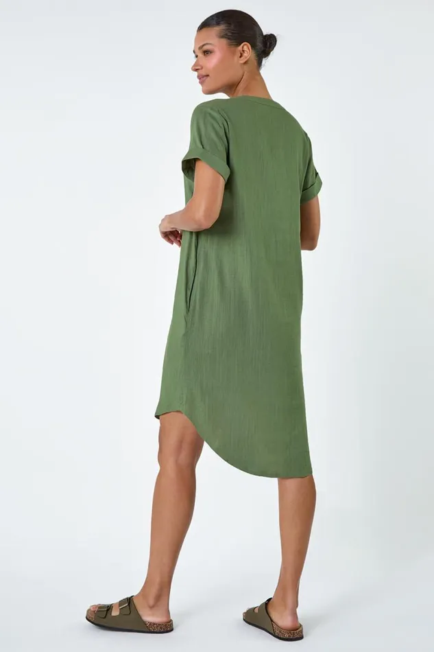 Women Khaki Pleat Front Curved Hem Shift Dress Roman Dresses