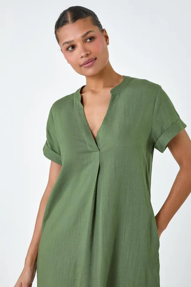 Women Khaki Pleat Front Curved Hem Shift Dress Roman Dresses