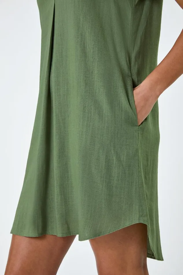 Women Khaki Pleat Front Curved Hem Shift Dress Roman Dresses