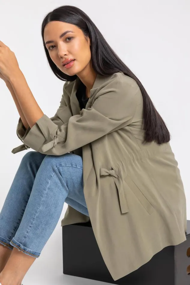 Women Khaki Tie Waist Longline Jacket Roman Jackets