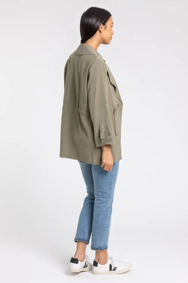 Women Khaki Tie Waist Longline Jacket Roman Jackets