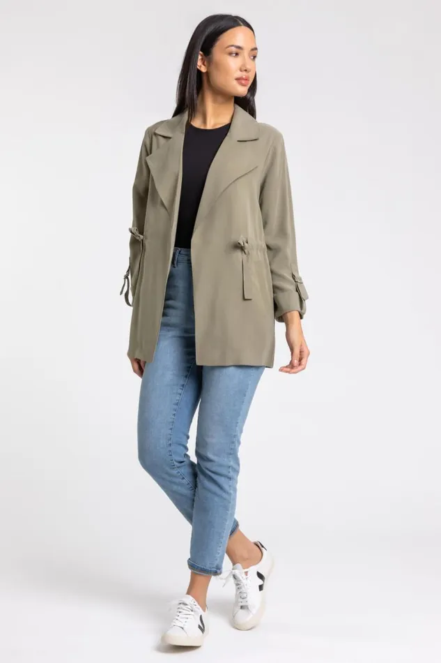 Women Khaki Tie Waist Longline Jacket Roman Jackets