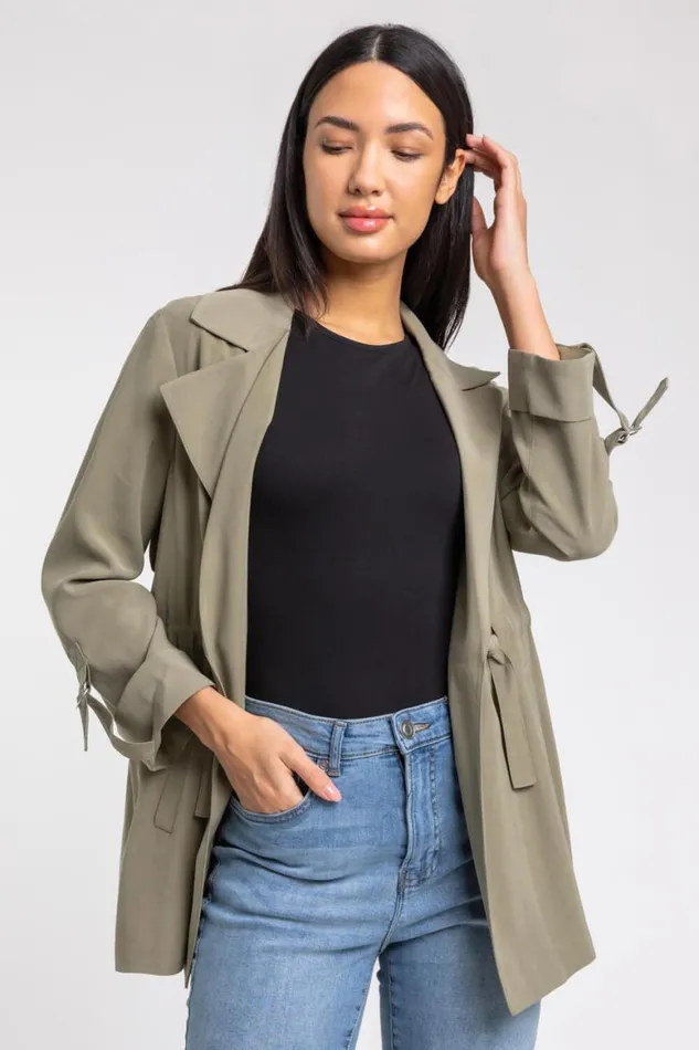 Women Khaki Tie Waist Longline Jacket Roman Jackets