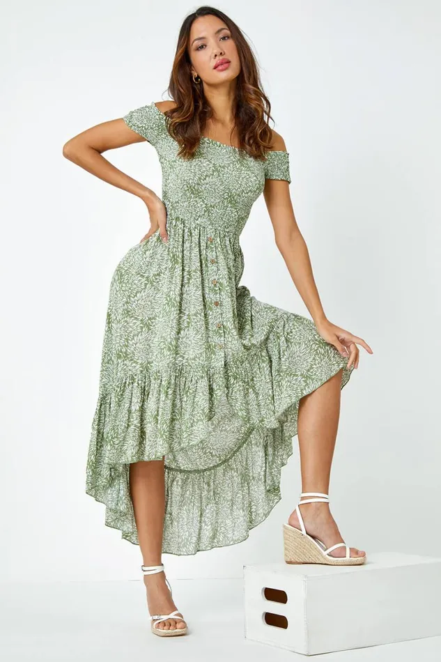 Women Leaf Print Shirred Bardot Dress Roman Dresses