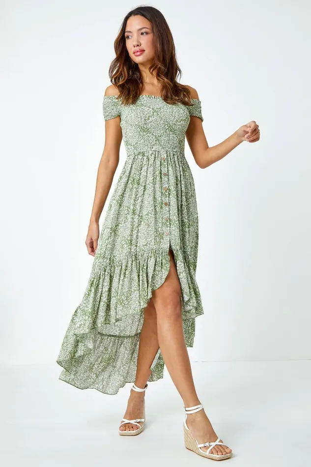 Women Leaf Print Shirred Bardot Dress Roman Dresses