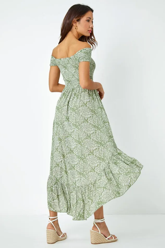 Women Leaf Print Shirred Bardot Dress Roman Dresses