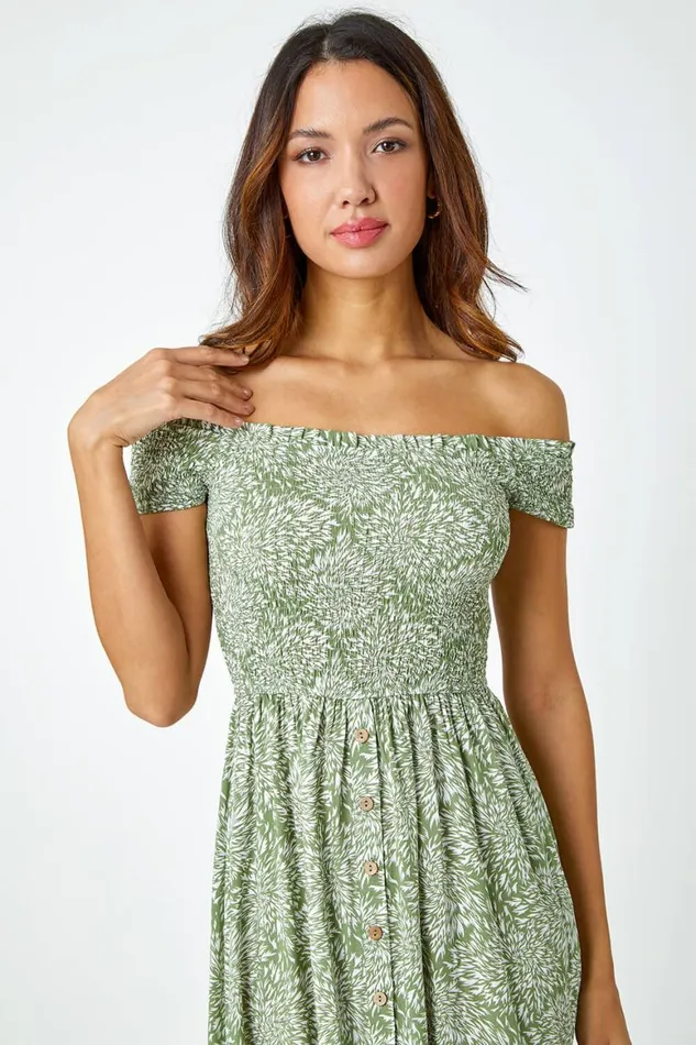Women Leaf Print Shirred Bardot Dress Roman Dresses