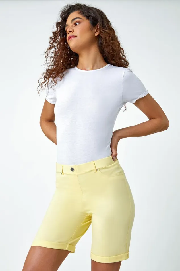 Women Lemon Turn Up Stretch Shorts Roman Coords