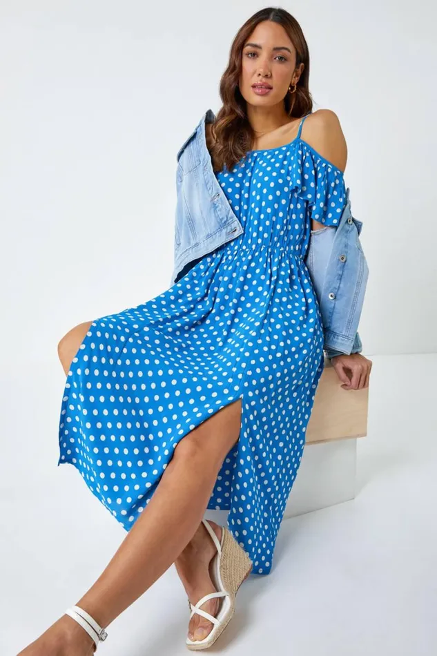 Women Light Blue Cold Shoulder Polka Dot Midi Dress Roman Dresses