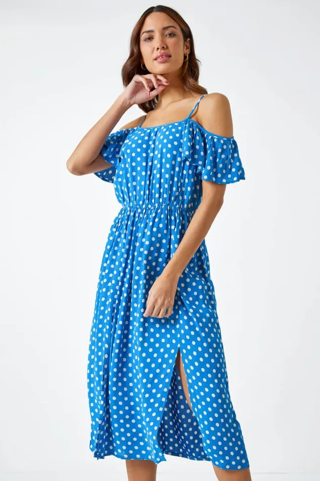 Women Light Blue Cold Shoulder Polka Dot Midi Dress Roman Dresses