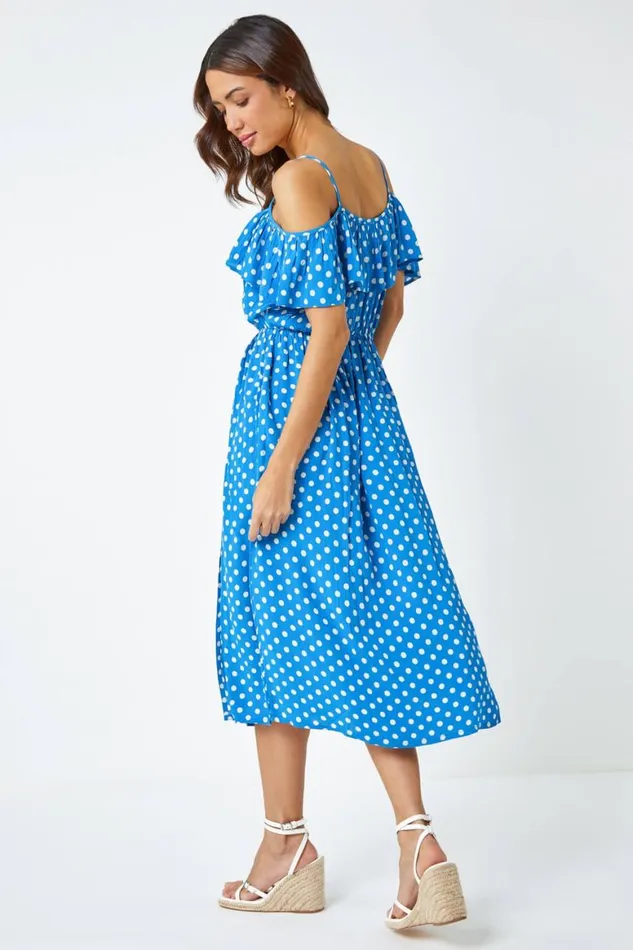 Women Light Blue Cold Shoulder Polka Dot Midi Dress Roman Dresses