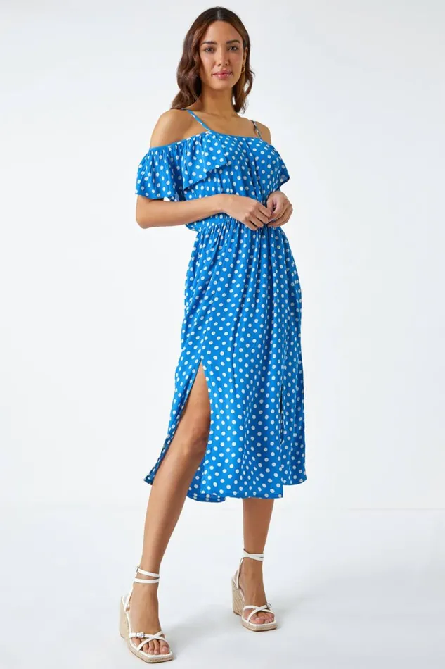 Women Light Blue Cold Shoulder Polka Dot Midi Dress Roman Dresses