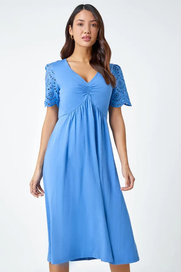 Women Light Blue Cotton Broderie Sleeve Midi Dress Roman Dresses